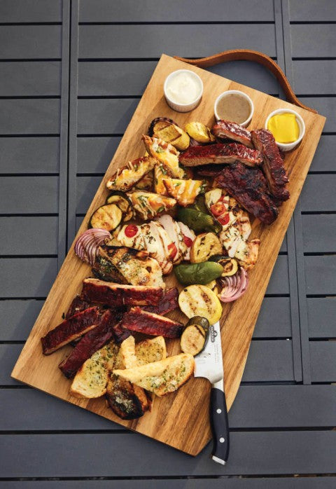 Napoleon Acacia Wood Charcuterie Board with Leather Handle and 3 Ceramic Ramekins for Serving Appetizers and Snacks