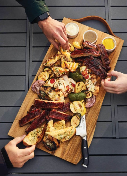 Load image into Gallery viewer, Napoleon Acacia Wood Charcuterie Board with Leather Handle and 3 Ceramic Ramekins for Serving Appetizers and Snacks
