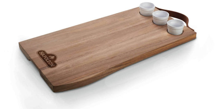 Napoleon Acacia Wood Charcuterie Board with Leather Handle and 3 Ceramic Ramekins for Serving Appetizers and Snacks