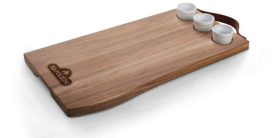 Napoleon Acacia Wood Charcuterie Board with Leather Handle and 3 Ceramic Ramekins for Serving Appetizers and Snacks