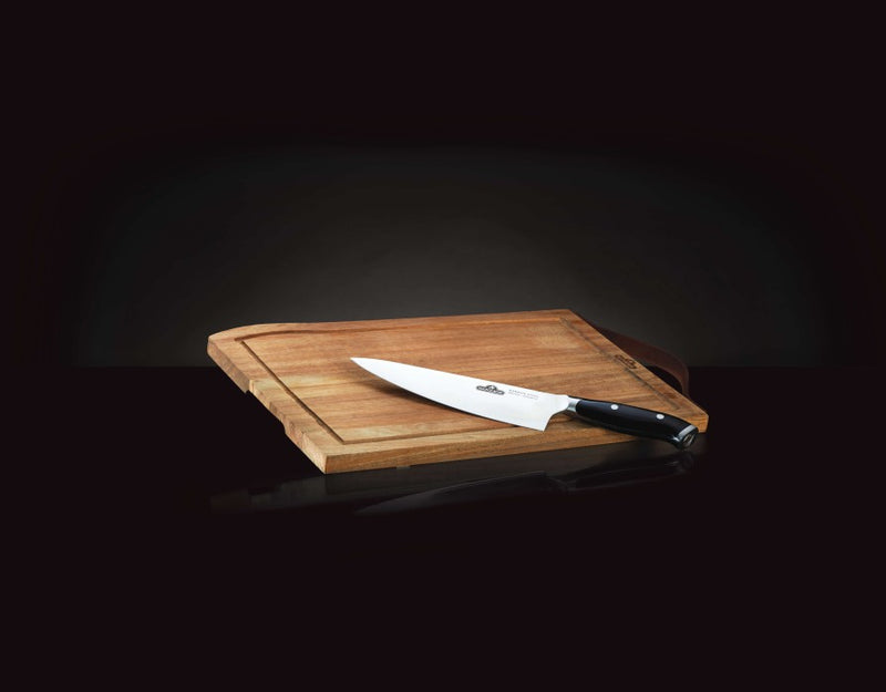 Load image into Gallery viewer, Napoleon Acacia Wood Cutting Board with Leather Handle and Forged German Steel Chef’s Knife for Carving and Serving
