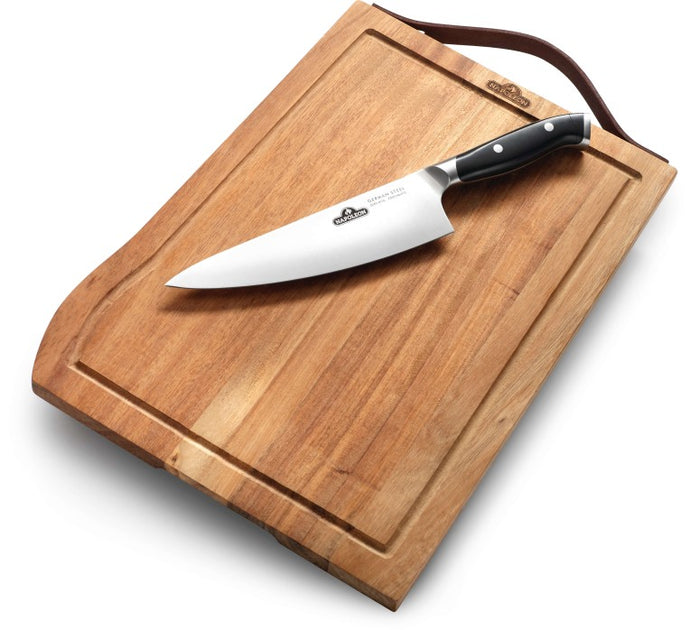 Napoleon Acacia Wood Cutting Board with Leather Handle and Forged German Steel Chef’s Knife for Carving and Serving