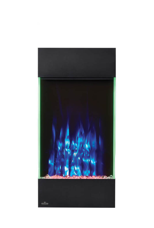 Napoleon Allure Vertical 32-inch electric fireplace with blue flames, green side lighting, and illuminated crystal media
