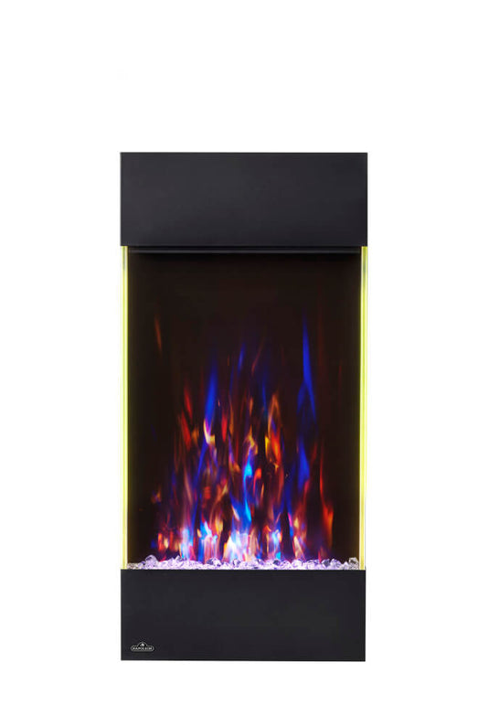 Napoleon Allure Vertical 32-inch electric fireplace displaying multicolor flames with yellow side accent lighting