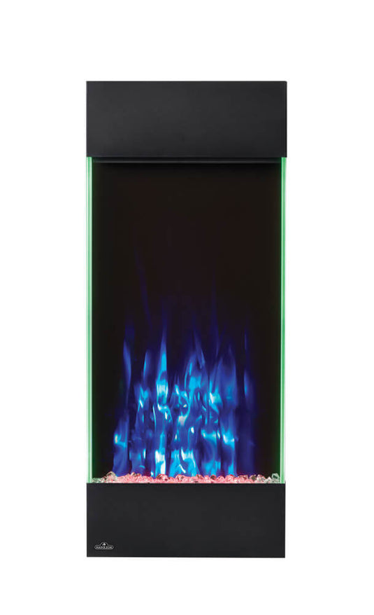 Napoleon Allure Vertical 38-inch electric fireplace with blue flames, green side lighting, and crystal ember media