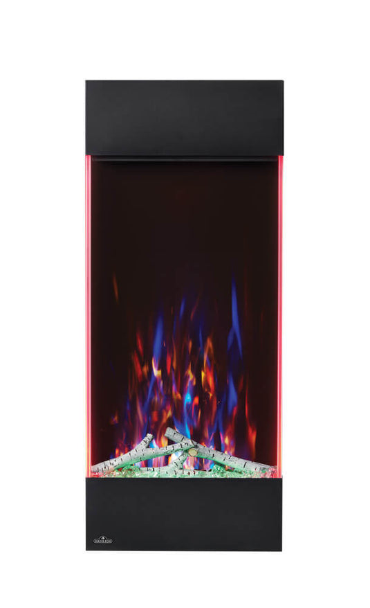 Napoleon Allure Vertical 38-inch electric fireplace displaying multicolor flames with decorative logs and accent lighting