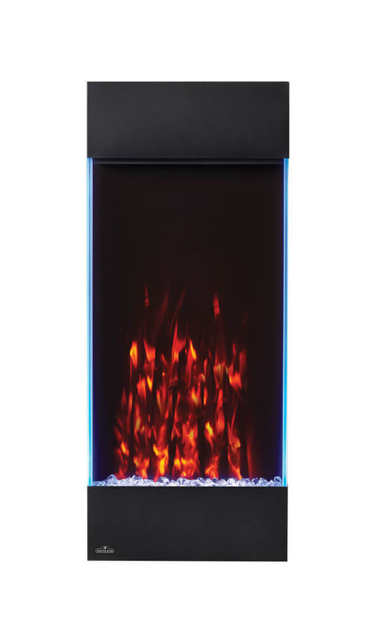 Napoleon Allure Vertical 38-inch electric fireplace with orange flames, blue side lighting, and crystal ember bed