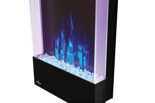 Close-up of blue flames and illuminated crystal media in a Napoleon Allure Vertical electric fireplace