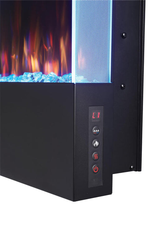 Close-up of the Napoleon Allure Vertical electric fireplace integrated control panel and digital display