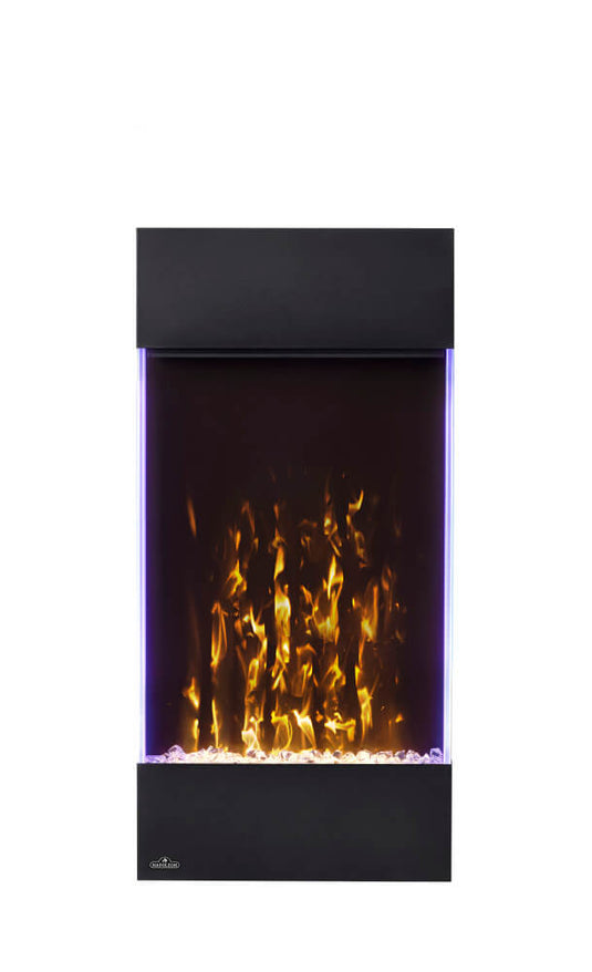 Napoleon Allure Vertical 32-inch electric fireplace with orange flames, purple accent lighting, and crystal ember bed