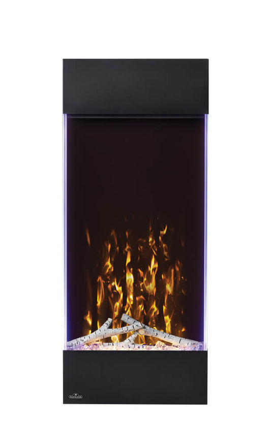 Napoleon Allure Vertical 38-inch electric fireplace with orange flames, decorative birch logs, and crystal ember bed