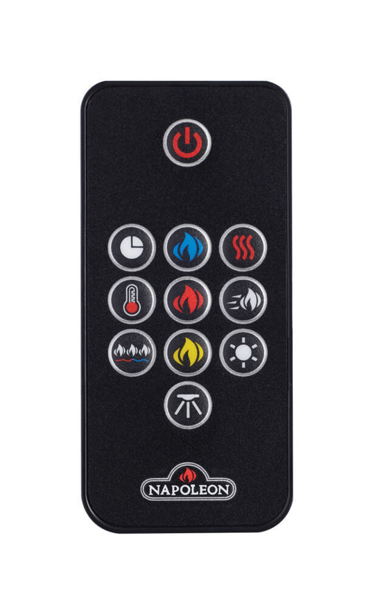 Napoleon Allure Vertical electric fireplace remote control with buttons for flame colors, heat, timer, and lighting