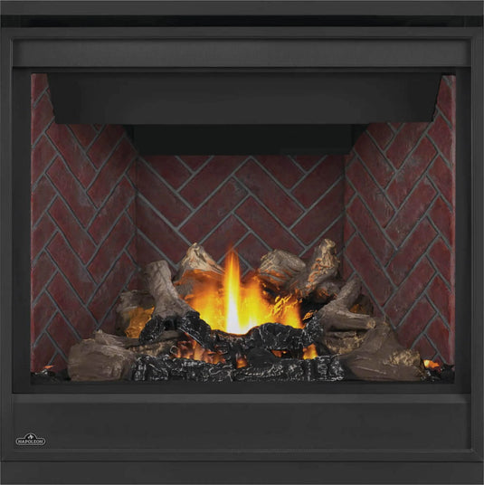 Napoleon Ascent BX 36-inch electronic ignition direct vent gas fireplace with oak log set and glowing ember bed