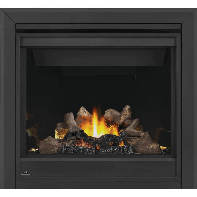 Napoleon Ascent BX 36-inch electronic ignition direct vent gas fireplace with oak log set and glowing ember bed