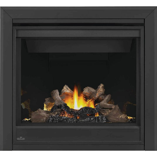 Napoleon Ascent BX 36-inch electronic ignition direct vent gas fireplace with oak log set and glowing ember bed