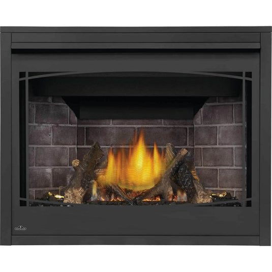 Napoleon Ascent BX 42-inch electronic ignition direct vent gas fireplace with oak log set and glowing ember bed