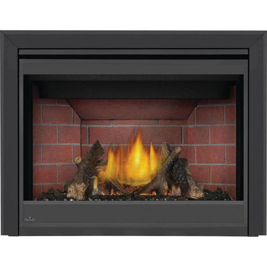 Napoleon Ascent BX 42-inch electronic ignition direct vent gas fireplace with oak log set and glowing ember bed