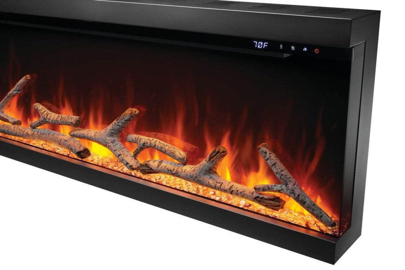 Load image into Gallery viewer, Napoleon Astound FlexMount 62-inch wall-mounted linear electric fireplace with beach fire and woodland media.

