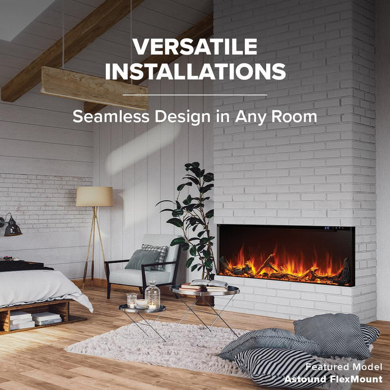 Load image into Gallery viewer, Napoleon Astound FlexMount 62-inch wall-mounted linear electric fireplace with beach fire and woodland media.
