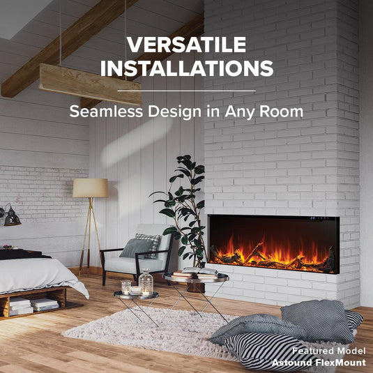 Napoleon Astound FlexMount 62-inch wall-mounted linear electric fireplace with beach fire and woodland media.