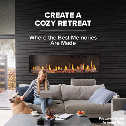 Napoleon Astound FlexMount 62-inch wall-mounted linear electric fireplace with beach fire and woodland media.