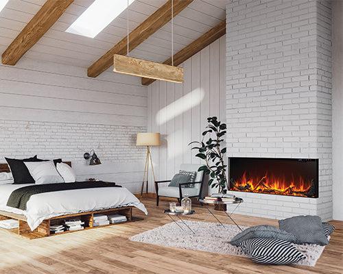 Napoleon Astound FlexMount 62-inch wall-mounted linear electric fireplace with beach fire and woodland media.