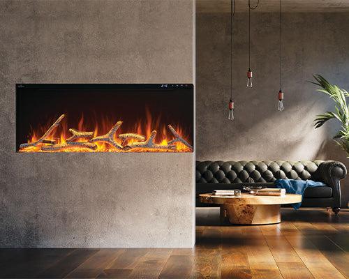 Load image into Gallery viewer, Napoleon Astound FlexMount 62-inch wall-mounted linear electric fireplace with beach fire and woodland media.
