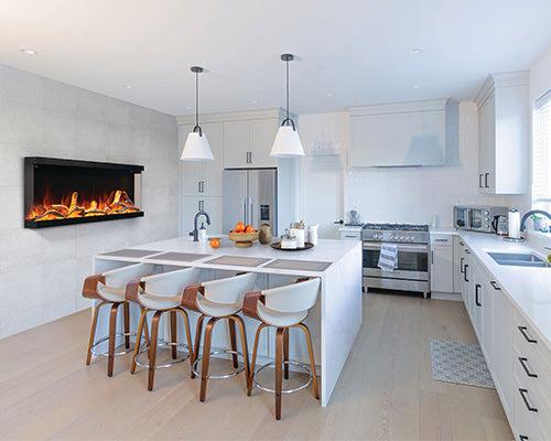 Load image into Gallery viewer, Napoleon Astound FlexMount 62-inch wall-mounted linear electric fireplace with beach fire and woodland media.
