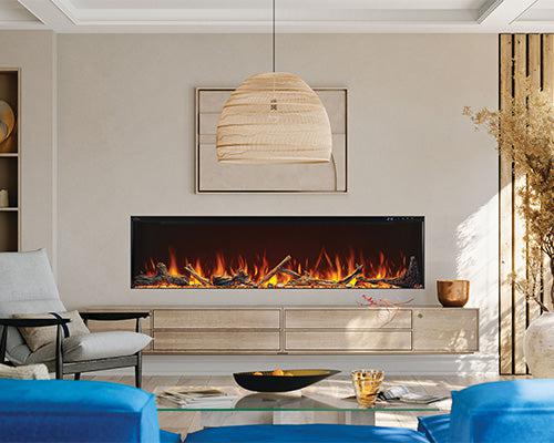 Load image into Gallery viewer, Napoleon Astound FlexMount 62-inch wall-mounted linear electric fireplace with beach fire and woodland media.
