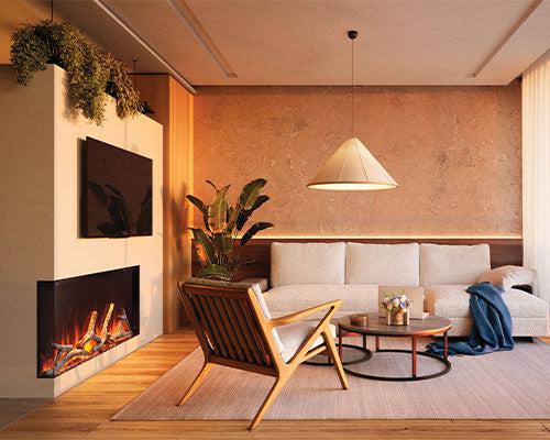 Load image into Gallery viewer, Napoleon Astound FlexMount 62-inch wall-mounted linear electric fireplace with beach fire and woodland media.
