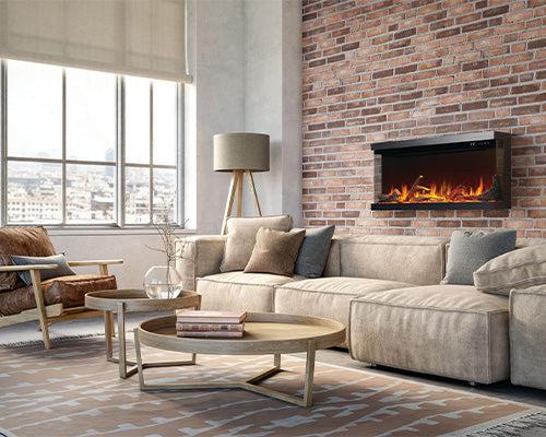 Load image into Gallery viewer, Napoleon Astound FlexMount 62-inch wall-mounted linear electric fireplace with beach fire and woodland media.
