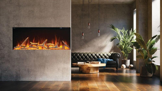 Napoleon Astound FlexMount 62-inch wall-mounted linear electric fireplace with beach fire and woodland media.