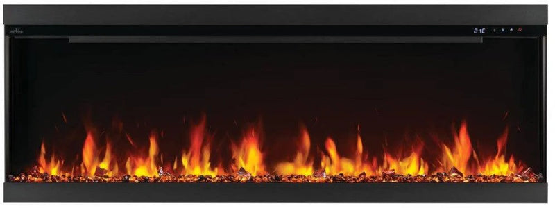 Load image into Gallery viewer, Napoleon Astound FlexMount 62-inch wall-mounted linear electric fireplace with beach fire and woodland media.
