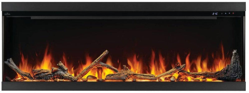 Load image into Gallery viewer, Napoleon Astound FlexMount 62-inch wall-mounted linear electric fireplace with beach fire and woodland media.
