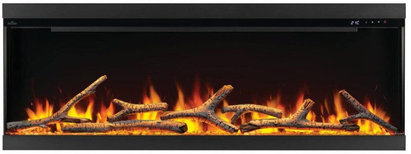 Load image into Gallery viewer, Napoleon Astound FlexMount 62-inch wall-mounted linear electric fireplace with beach fire and woodland media.
