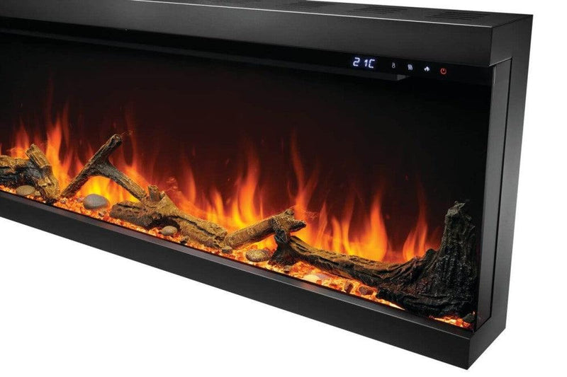 Load image into Gallery viewer, Napoleon Astound FlexMount 62-inch wall-mounted linear electric fireplace with beach fire and woodland media.
