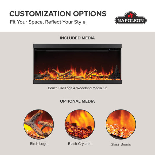 Napoleon Astound FlexMount decorative media infographic showing included Beach Fire logs and Woodland media, plus optional birch logs, black crystals, and glass beads.