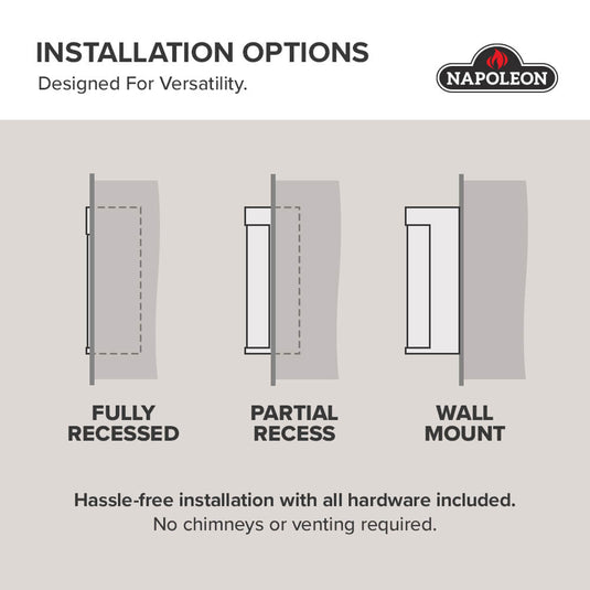 Napoleon Astound FlexMount electric fireplace installation diagrams showing fully recessed, partially recessed, and wall-mounted configurations.