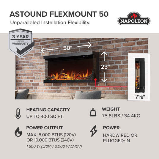 Napoleon Astound FlexMount 50-inch electric fireplace NEFL50AB dimensions infographic showing 50-inch width, 23-inch height, 7 1/8-inch depth, and dual-voltage heating specifications.