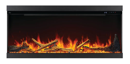 Napoleon Astound FlexMount 50-inch electric fireplace NEFL50AB front view with orange and yellow flames, included Beach Fire logs, and Woodland media.