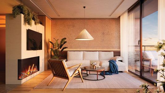 Napoleon Astound FlexMount 50-inch electric fireplace NEFL50AB recessed into a dividing wall in a contemporary living room.