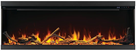 Napoleon Astound FlexMount 62-inch electric fireplace NEFL62AB front view with orange and yellow flames, Beach Fire logs, and Woodland decorative media.