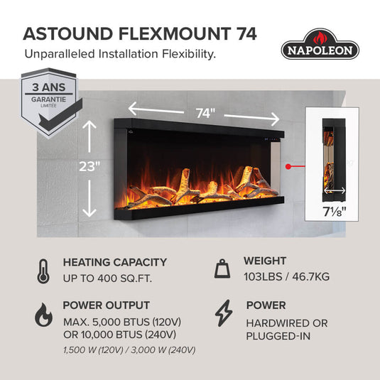 Napoleon Astound FlexMount 74-inch electric fireplace NEFL74AB dimensions infographic showing 74-inch width, 23-inch height, 7 1/8-inch depth, and dual-voltage heating specifications.