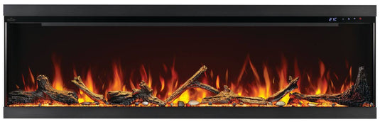 Napoleon Astound FlexMount 74-inch electric fireplace NEFL74AB front view with orange and yellow flames, included Beach Fire logs, and Woodland decorative media.