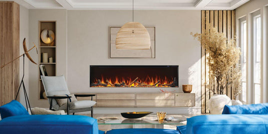 Napoleon Astound FlexMount 74-inch linear electric fireplace NEFL74AB recessed into a contemporary living room wall above built-in cabinetry, with blue sofas.