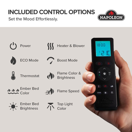 Napoleon Astound FlexMount premium remote control infographic showing ECO mode, BOOST mode, thermostat, flame settings, and lighting controls.
