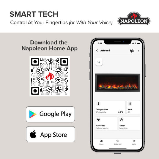 Napoleon Astound FlexMount smart fireplace controls featuring the Napoleon Home App, smartphone interface, and app download options.