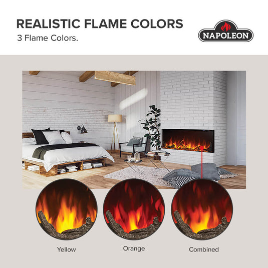 Napoleon Astound FlexMount electric fireplace infographic showing three flame color settings: yellow, orange, and combined.