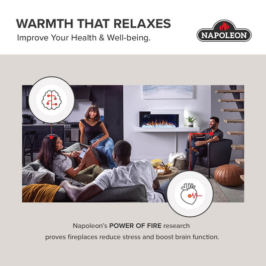 Napoleon Astound FlexMount electric fireplace lifestyle infographic showing family and friends relaxing together in a modern living room.