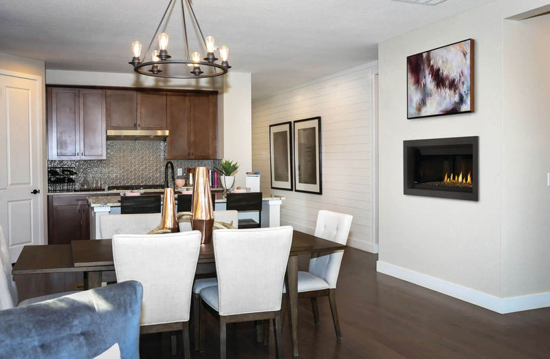 Load image into Gallery viewer, Napoleon BL42NTE Ascent Linear Series Direct Vent Gas Fireplace with Divinity flame pattern and Topaz Crystaline ember glass
